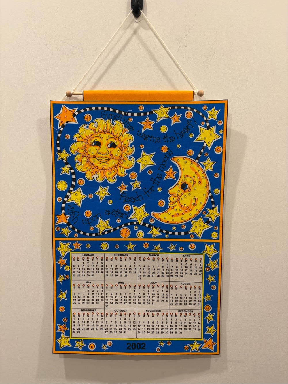 2002 celestial Y2K Sun Moon Stars Collectible Fabric Wall Calendar Blue Yellow